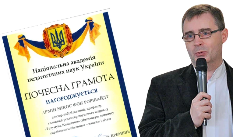 List dziękczynny dla dr. hab. Armina Mikosa von Rohrscheidt, profesora GSW Milenium za pomoc ukraińskim uchodźcom, kobietom i dzieciom.