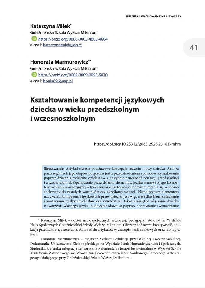 Kształtowanie kompetencji językowych dziecka w wieku przedszkolnym i wczesnoszkolnym