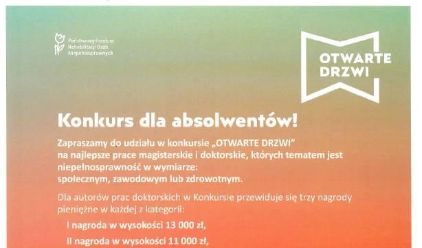 Otwarte drzwi - konkurs PFRON na pracę magisterską lub doktorską
